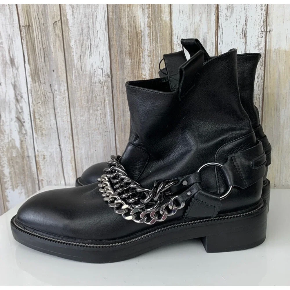 ZARA Womens Black Leather Ankle Combat Boots With Chains Size 36 6 NWT